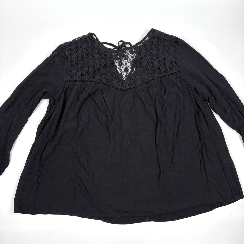 Old Navy Lace Yoke Blouse Womens Sz L Black Jack 7/8 Sleeve Key Hole Back Boho